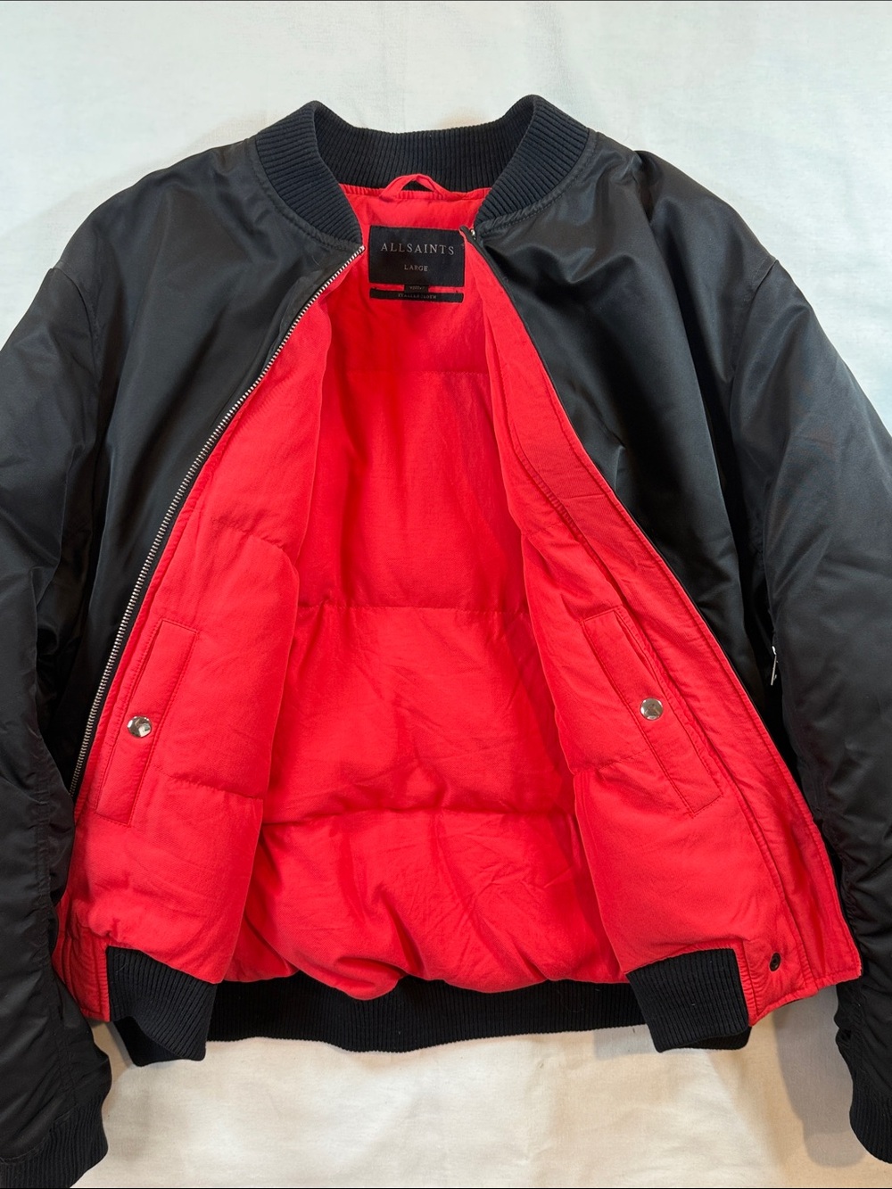 All Saints MA-1 Flight Bomber Jacket Black Red Lining Mens L